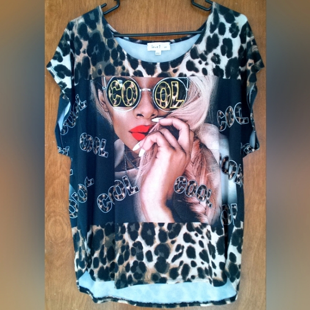 Women's Shirt Blouse Top, "Cool" by love J, Size 2X, Animal/Leopard Print